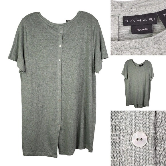 Tahari Womens Plus 1X Linen Button Soft Green Crew Neck Short Sleeve Shirt - Picture 1 of 8